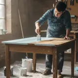Un homme en salopette repeint une table en bois avec une touche de bleu clair. Des pots de peinture sont disposés autour.