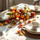 Décoration table automne facile : citrouilles, poires, pommes et feuilles d'automne créent une ambiance chaleureuse. Bougies allumées pour un dîner convivial.