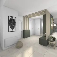 Aménagement entrée ouverte avec banc, meuble vert, et décoration murale végétale.