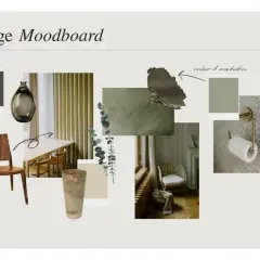 Moodboard "Vert sauge" : mobilier en bois sombre, rideaux, vase, et touches de couleur d'accentuation sur un mur vert sauge.