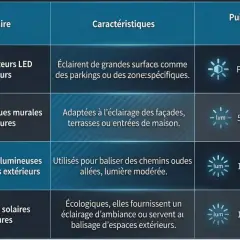 Tableau comparatif des types de luminaires extérieurs et leur puissance, utile pour la réglementation éclairage. Projecteurs, appliques, bornes et lampes solaires sont détaillés.