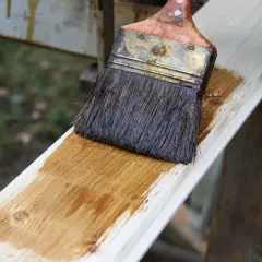 Application d'une couche de lasure sur une planche de bois avec un pinceau. Le bois prend une teinte dorée.