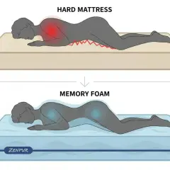 Comparaison de matelas : le matelas dur cause des points de pression douloureux pour ceux qui dorment sur le côté, tandis que le matelas en mousse à mémoire de forme épouse le corps.