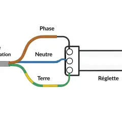 Schéma de branchement led 3 fils : câble d'alimentation (phase, neutre, terre) connecté à une réglette.
