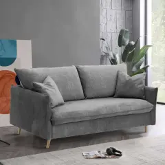 Canapé gris confortable avec coussins, idéal pour un salon moderne. Les dimensions canapé sont parfaites pour un petit espace.