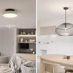 Un salon moderne avec un luminaire classe 2 sans terre au plafond et une cuisine épurée avec une suspension design au-dessus d'une table en bois.