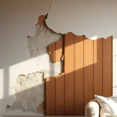 Un mur texturé, partiellement écaillé, révèle un panneau de bois chaleureux. Une idée créative pour comment habiller un mur avec style.