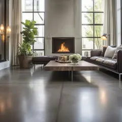 Un salon moderne avec un feu de cheminée crépitant, un canapé en cuir confortable et un sol en béton ciré brillant reflétant la lumière.