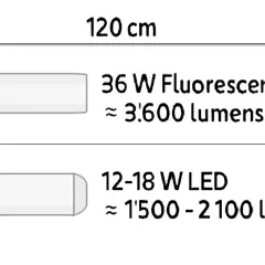 Comparaison de la consommation d'un tube néon 120 cm (36W, 3600 lumens) et d'un tube LED (12-18W, 1500-2100 lumens).