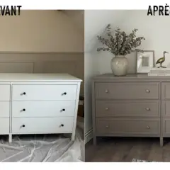Avant/après : un relooking meuble réussi. La commode blanche devient taupe, plus chic et décorée.