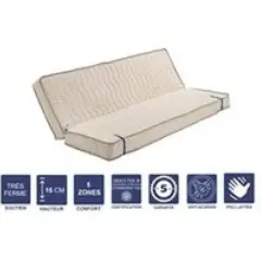 Matelas clic clac beige, très ferme, 18 cm d'épaisseur, 5 zones de confort. L'attache matelas clic clac maintient les deux parties ensemble.