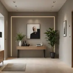 Un couloir moderne avec une **niche murale** illuminée, un portrait, des plantes et un meuble en bois.