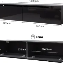 Meuble TV noir brillant, 140cm de long. Idéal pour choisir quelle taille de TV choisir pour un salon. Poids max 20kg.