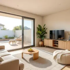 Aménager salon avec 2 baies vitrées pour un espace lumineux. Canapé, table basse, meuble TV en bois, pouf et plante verte créent une ambiance chaleureuse.