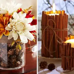 Bouquet d'automne dans un vase rempli de pommes de pin, et bougies décorées de bâtons de cannelle. Idées de deco automne a faire soi meme.