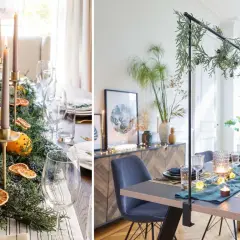 Ambiance festive : deux tables dressées avec des centres de table naturels, bougies et oranges, pour une tendance déco centre de table salle à manger chaleureuse.