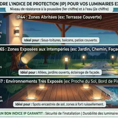 Guide des normes d'éclairage extérieur : IP44 pour zones abritées, IP65 pour intempéries, IP67 pour environnements très exposés.