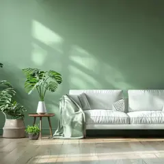 Un salon moderne aux murs peints sans solvant, avec un canapé blanc, des plantes luxuriantes et un sol en bois clair.