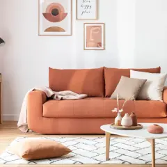 Canapé convertible orange, prêt à changer sommier. Déco bohème avec coussins, plaid et art mural.