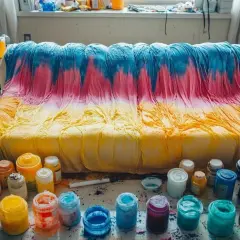 Un canapé en tissu non déhoussable est teinté en dégradé de jaune, rose et bleu. Des pots de peinture sont disposés autour.