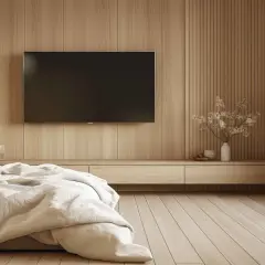 Lit douillet dans une chambre aux murs en bois. La hauteur idéale de la TV dans la chambre est respectée, juste au-dessus d'un meuble bas.