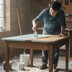 Un homme en salopette repeint une table en bois avec une touche de bleu clair. Des pots de peinture sont disposés autour.