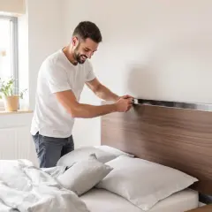 Un homme installe une tête de lit sans mur, en bois et métal, sur un lit blanc avec des draps gris.