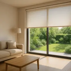 Comment habiller une baie vitrée : des stores enrouleurs discrets filtrent la lumière du soleil sur un jardin verdoyant.