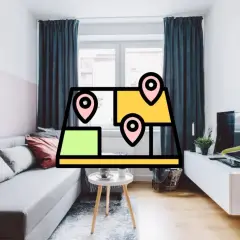 Un salon moderne avec un canapé gris, une table basse et une plante. Une carte stylisée avec des repères suggère un projet de home staging sans vente.