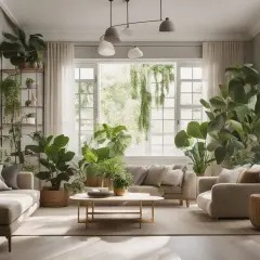 Un salon baigné de lumière naturelle, avec de nombreuses plantes vertes créant une ambiance zen et un feng shui harmonieux.