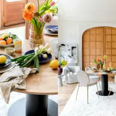 Comment assortir des chaises à une table : des chaises élégantes en tissu beige avec des pieds dorés s'harmonisent parfaitement avec une table ronde en marbre clair.
