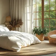 Chambre scandinave déco cocooning. Un lit blanc immaculé, un fauteuil en rotin, une plante verte et des herbes de pampa sous une grande fenêtre lumineuse.