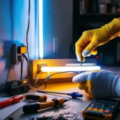 Mains électriques pour un branchement néon LED. Des mains gantées travaillent sur un circuit, outils et multimètre à proximité.