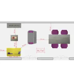 Plan d'une pièce avec canapé jaune, table de télévision, et table à manger. La distance entre table et mur est de 110 cm.