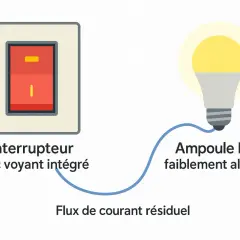 Interrupteur avec voyant intégré et ampoule LED faiblement allumée, expliquant le flux de courant résiduel qui peut faire clignoter un plafonnier LED.