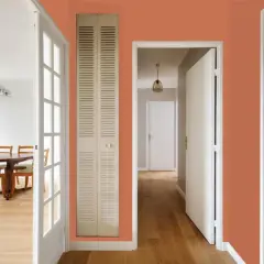 Couleur tendance 2026 : un couloir chaleureux avec des portes ouvertes sur une salle à manger et un passage.