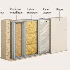 Coupe d'un mur montrant l'isolation intérieure d'un appartement : mur porteur, ossature métallique, laine minérale, pare-vapeur et placoplâtre.