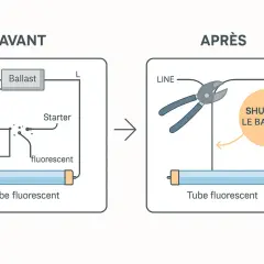 Schéma avant/après pour remplacer un néon par une LED : on coupe le ballast.