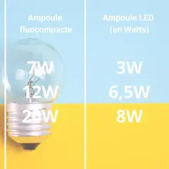 Comparaison d'ampoules : incandescence, fluocompacte et LED. La puissance LED en watt est bien inférieure pour un éclairage équivalent.