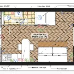 Plan d'un studio avec salle d'eau, cuisine et espace de vie. Idéal pour refaire électricité maison, avec symboles pour prises et interrupteurs.
