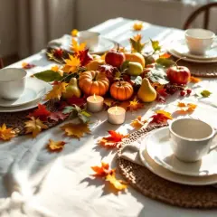 Décoration table automne facile : citrouilles, poires, pommes et feuilles d'automne créent une ambiance chaleureuse. Bougies allumées pour un dîner convivial.