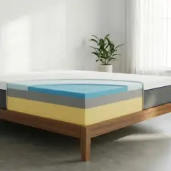 Coupe d'un matelas multicouche sur un sommier en bois. Ce matelas qui ne s'affaisse pas offre un soutien optimal pour un sommeil réparateur.