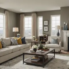 Quel budget pour meubler une maison neuve ? Un salon cosy avec canapé, fauteuils, table basse, cheminée et vue sur la nature.