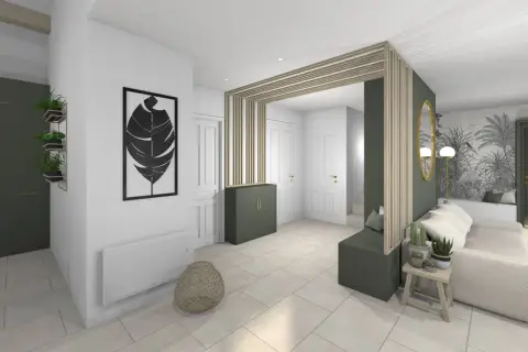 Aménagement entrée ouverte avec banc, meuble vert, et décoration murale végétale.