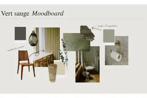 Moodboard "Vert sauge" : mobilier en bois sombre, rideaux, vase, et touches de couleur d'accentuation sur un mur vert sauge.