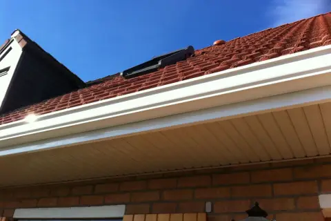 Le toit de tuiles rouges, la gouttière blanche et le ciel bleu. On dirait qu'un moineau cherche un spot cache à distance.