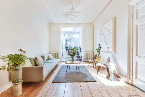 Un salon lumineux avec un canapé clair, des plantes et une grande fenêtre. Idéal pour savoir comment rendre une pièce plus lumineuse.