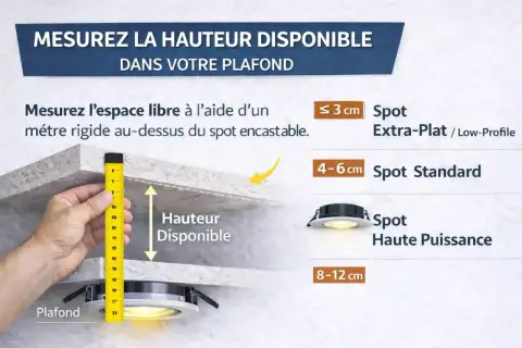 Mesure de la hauteur disponible pour choisir le bon diamètre spot encastrable. Guide pour spots extra-plats, standards et haute puissance.
