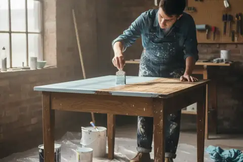 Un homme en salopette repeint une table en bois avec une touche de bleu clair. Des pots de peinture sont disposés autour.
