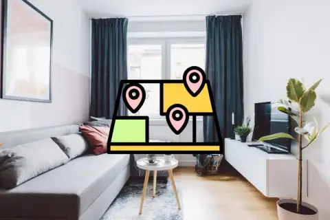 Un salon moderne avec un canapé gris, une table basse et une plante. Une carte stylisée avec des repères suggère un projet de home staging sans vente.